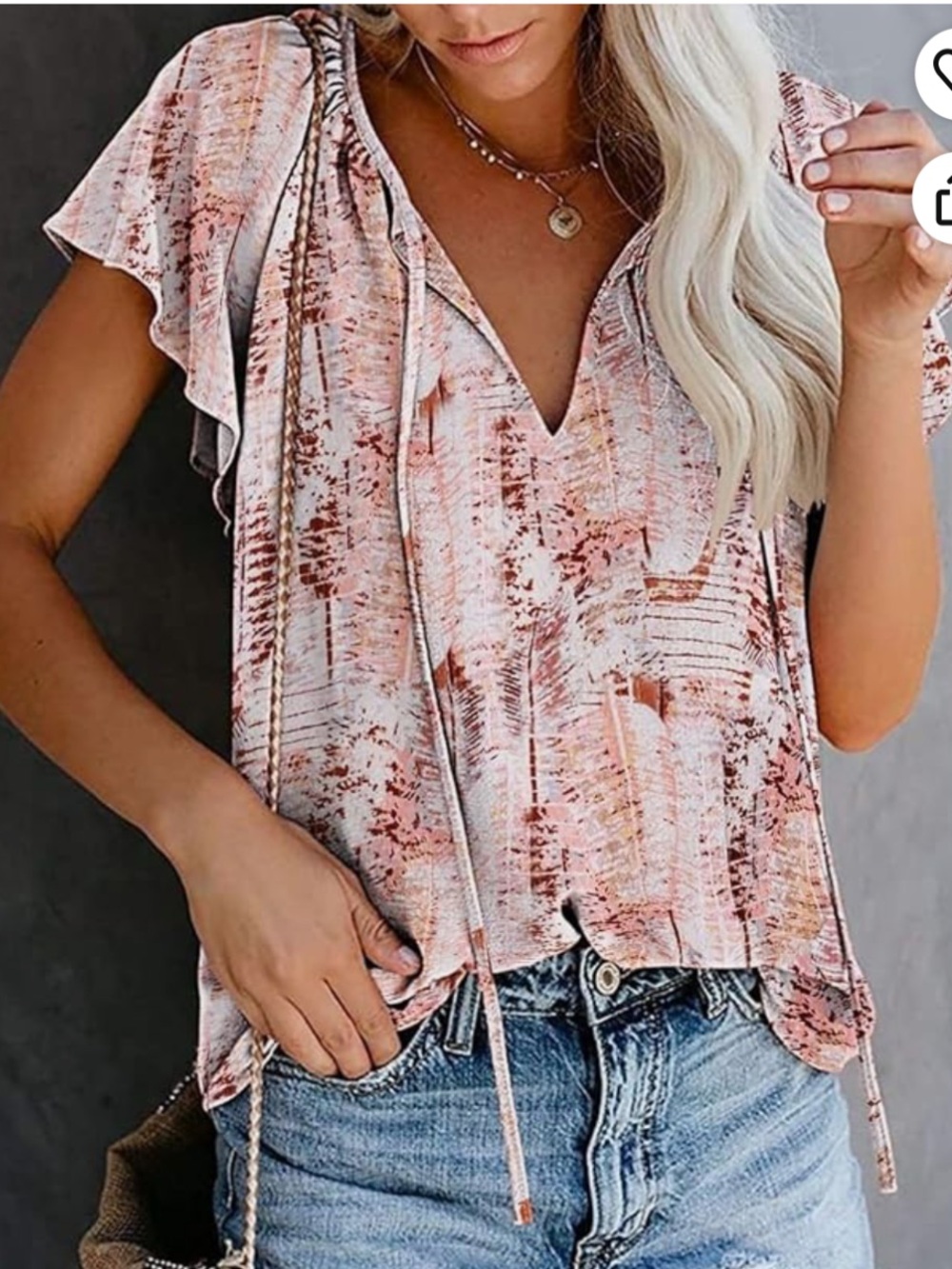 Simple Pink and Rust Printed Ruffle Sleeve Blouse